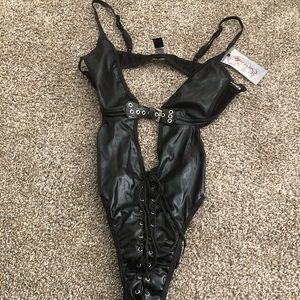 Sexy Pleather Faux Leather Highcut Bodysuit